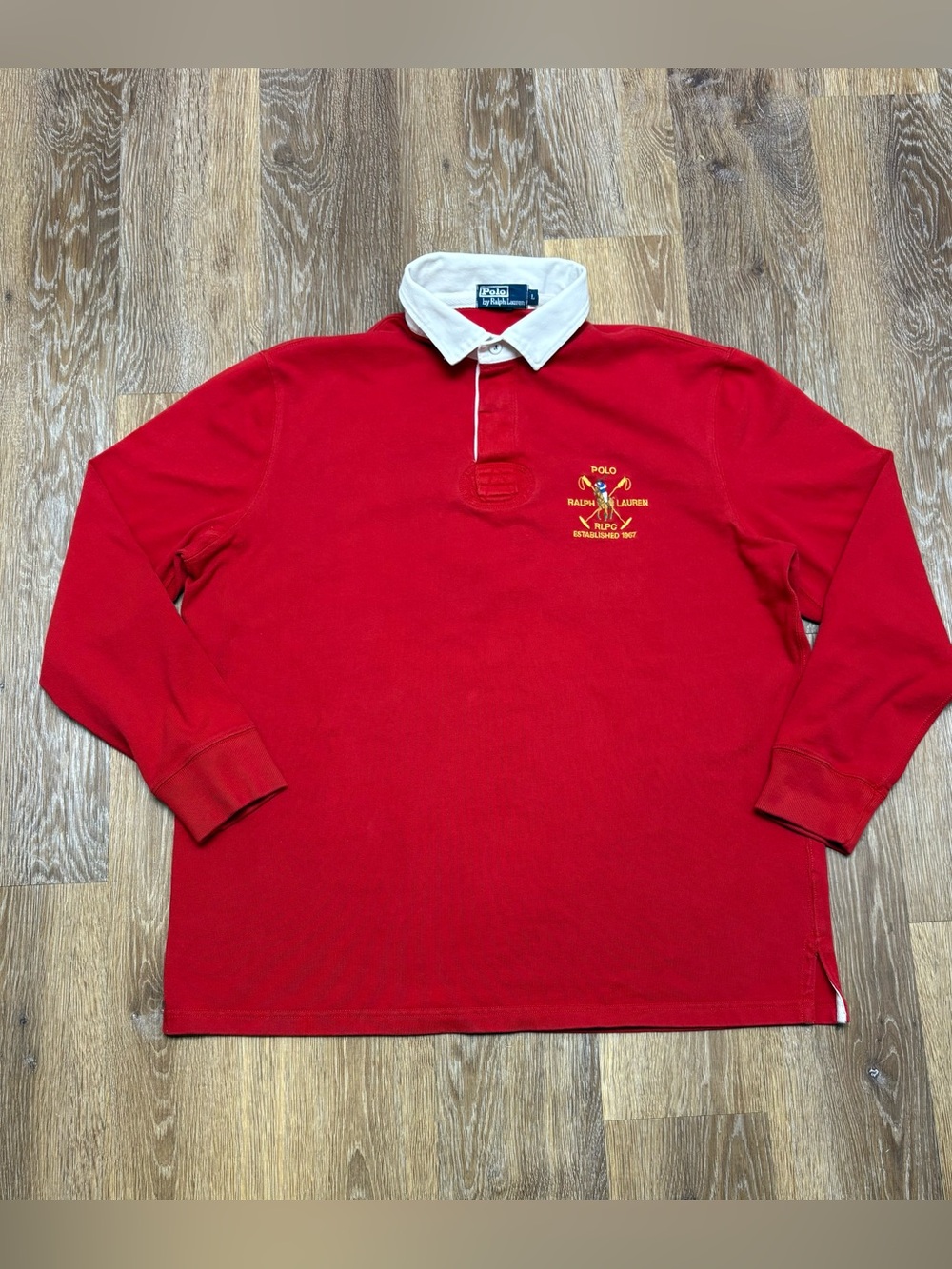 Polo by Ralph Lauren Red Rugby Shirt with White Collar and Gold Crest